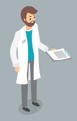 Bearded male doctor stands and holds prescription in his hands. Medical professional. Medicine treatment. Health care. Counseling or testing. Therapist in medical uniform. Family medicine physician