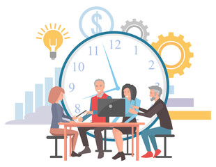 People on gathering business meeting concerning time management vector. Clock and cogwheel, chart and dollar currency sign symbol lightbulb partners