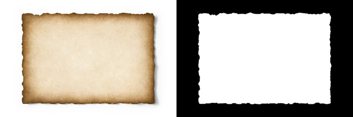 Old parchment texture with worn edges isolated with clipping path and alpha channel