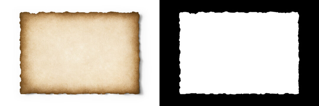 Old parchment texture with worn edges isolated with clipping path and alpha channel
