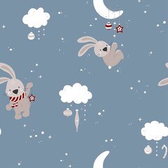 Seamless Christmas background with cute bunny, clouds, christmas balls, candies. Vector illustration.
