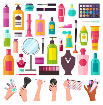 Large set of cosmetic accessories for beauty shampoo, milk, lipstick, mascara, creams, women s hands with makeup bag, makeup brushes, mirror. Huge selection of cosmetics. Icons for website, shop