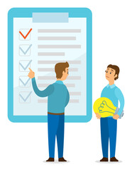 Guy stands and shows on big cartoon check sheet with check markers. Guy standing with huge yellow light bulb in his hands. Businessmen or managers discuss business plan. Financing of creative project