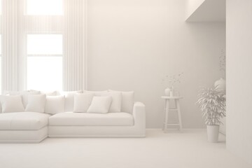 Mock up of minimalist living room in white color with sofa. Scandinavian interior design. 3D illustration