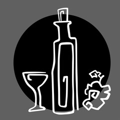 Illustration emblem abstract wine, grapes and glass. White outline on dark grey background.