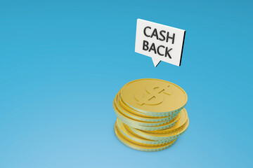 Refunds from purchases. Cashback coins on a blue background. 3d render.