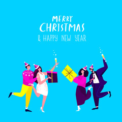 Happy Smilling Young People Celebrate New Year and Christmas Holidays.Couples Men and Women Congratulating Friends. Giving Presents,Gifts Boxes. Dancing and Drinking Champagne People. Party Invitation