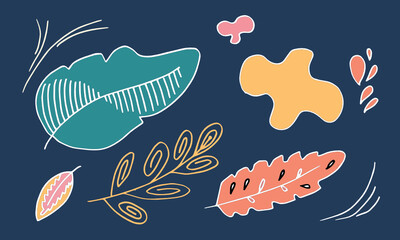 Hand-drawn modern illustrations with leaves, flowers, abstract elements for concept design.