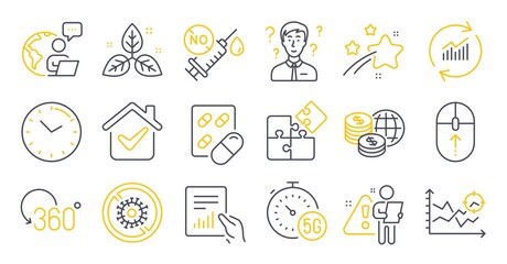 Set of Science icons, such as Coronavirus vaccine, World money, Full rotation symbols. Swipe up, Time, Puzzle signs. Stop coronavirus, Fair trade, Support consultant. Update data, Document. Vector