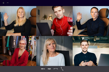Virtual meeting team teleworking. Family video call remote conference Computer webcam screen view. Diverse portrait headshots meet working from their home offices. Happy hour party online