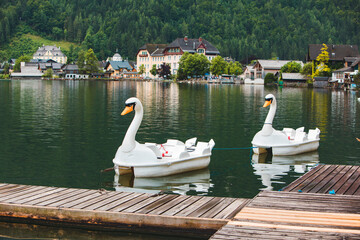 view of catamaran in swan shape lake in alpine mountains