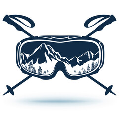 Ski, Snowboard glasses, crossed ski poles. Extreme sports logo. The reflection of the mountain slopes with glasses. Isolated on a white background. Vector illustration