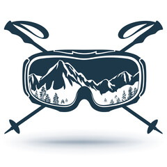 Ski, Snowboard glasses, crossed ski poles. Extreme sports logo. The reflection of the mountain slopes with glasses. Isolated on a white background. Illustration
