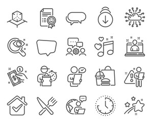 Business icons set. Included icon as Cloud network, Scroll down, Customer survey signs. Time, Messenger, Love music symbols. Food, Smile, Vision test. Best manager, Augmented reality. Vector