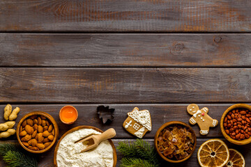 Food pattern with icing gingerbread cookies for Christmas, overhead view