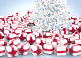 Christmas tree with gift boxes, winter New Year background