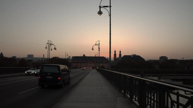 The Theodor Heuss bridge with a view on to Mainz during sunset.