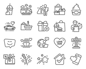 Holidays icons set. Included icon as Honeymoon cruise, Attraction, Smile face signs. Honeymoon travel, Add gift, Love him symbols. Sale bags, Bus travel, Heart. Fireworks rocket, Ice cream. Vector