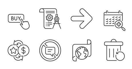 Recovery trash, Divider document and Buy button line icons set. Translation service, Next and Stop talking signs. Medical calendar, Loyalty points symbols. Quality line icons. Vector