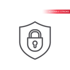 Padlock with shield outline icon. Security, safety concept editable stroke symbol.