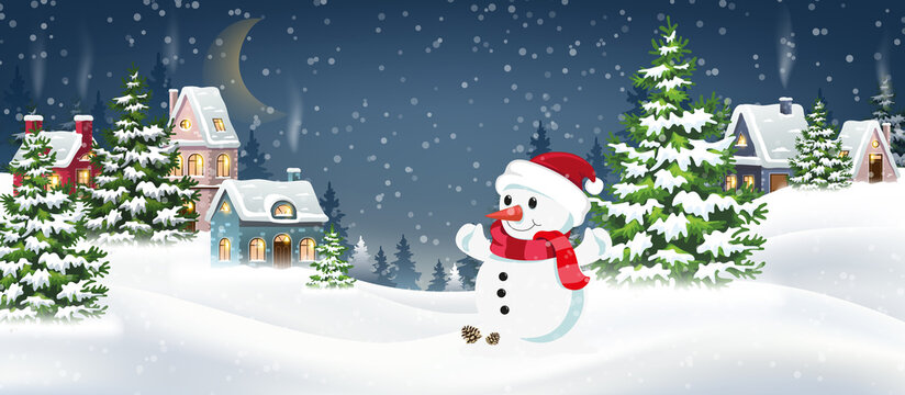 Winter village with snowman
