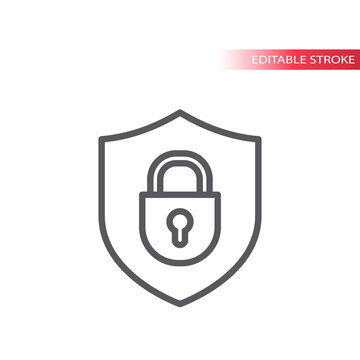 Padlock With Shield Outline Icon. Security, Safety Concept Editable Stroke Symbol.