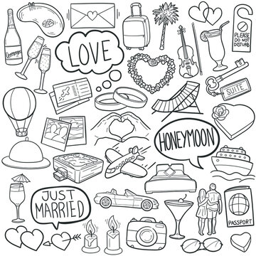 Honeymoon doodle icon set. Just Married Vector illustration collection. Vacations Banner Hand drawn Line art style.