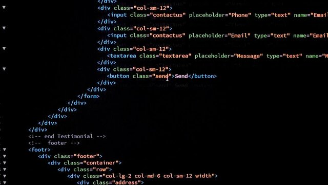 Developer is browsing html code on the computer screen. Code Scrolling. Computer script concept. Scene G