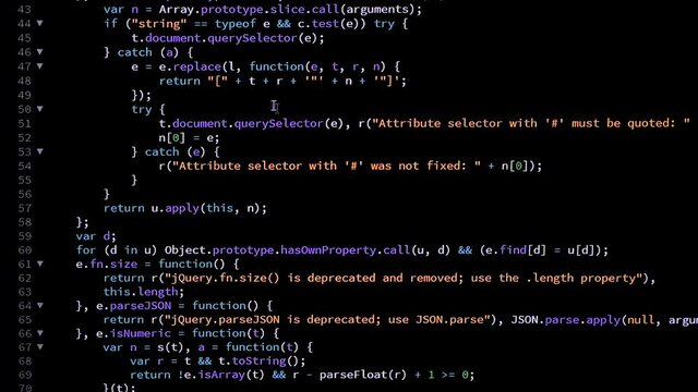 Developer is browsing and marking java script code on the computer screen. Code Scrolling. Computer script concept. Scene A