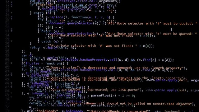 Developer is browsing java script code on the computer screen. Code Scrolling. Computer script concept. Scene C