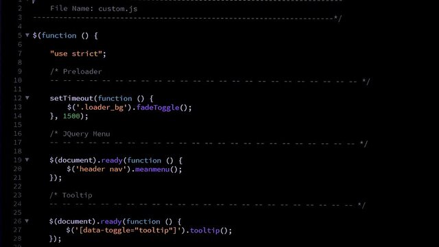 Developer is browsing and switching between java script and html screens. Code Scrolling. Computer script concept.