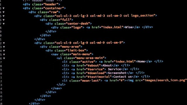 Developer is browsing html code on the computer screen. Code Scrolling. Computer script concept.Scene K