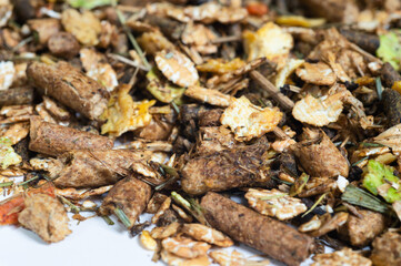 heap of natural   basic muesli  for sportive horse. nutrient equestrian concept. close up