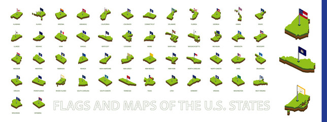 US States Isometric Map and Flag Collection. All US State maps and flags.