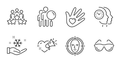 Face detect, Love message and Time management line icons set. Business meeting, Eyeglasses and Social responsibility signs. Search people, Freezing symbols. Quality line icons. Vector