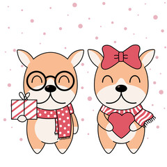 Fototapeta premium Cute Dogs in winter scarf with gift box, heart and pink snow. New Year, Merry Christmas, Anniversary, Birthday, and Valentine concept.