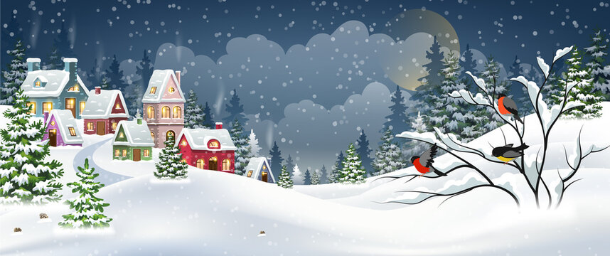 Christmas village and bullfinches