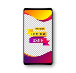 This weekend sale 40% off banner. Phone mockup vector banner. Discount sticker shape. Hot offer icon. Social story post template. Weekend sale badge. Cell phone frame. Liquid modern background. Vector