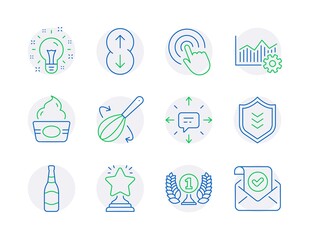 Business icons set. Included icon as Operational excellence, Sms, Beer bottle signs. Ice cream, Laureate award, Idea symbols. Scroll down, Cooking whisk, Winner. Shield, Click line icons. Vector