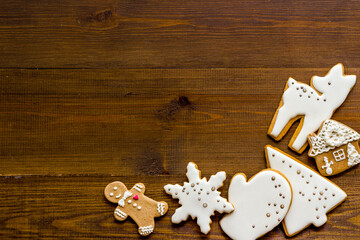 Flat lay of icing gingerbread cookies, top view