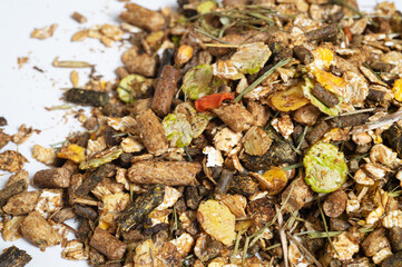 heap  of natural   basic muesli  for sportive horse. nutrient equestrian concept. close up
