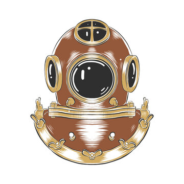 Vector engraved style illustration for posters, decoration, logo and print. Hand drawn sketch of diving helmet in colorful isolated on white background. Detailed vintage woodcut style drawing.