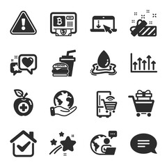 Set of Business icons, such as Growth chart, Scroll down, Chat symbols. Hamburger, Save planet, Heart signs. Bitcoin atm, Water splash, Shopping trolley. Refrigerator, Medical food. Vector