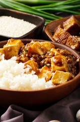 Authentic traditional Chinese food mapo tofu dish with pork chives and steamed rice closeup