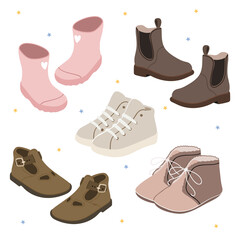 Children's Fashion. Pastel set with baby shoes. Pink rubber boots, sneakers, sneakers, Chelsea, sandals, boots.