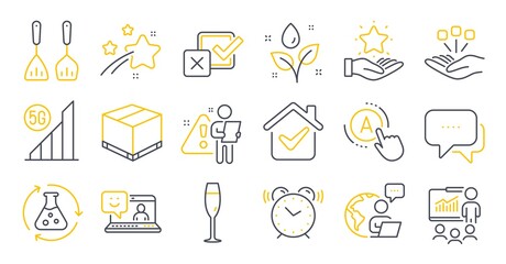 Set of Business icons, such as Smile, Alarm clock, 5g wifi symbols. Champagne glass, Delivery box, Consolidation signs. Checkbox, Cooking cutlery, Ab testing. Presentation, Plants watering. Vector