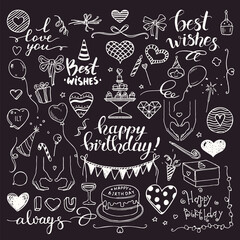 Birthday party doodles, love confession symbols. Collection of hand drawn birthday, wedding festive attributes. Vector design elements, lettering, heart, cake, decoration isolated on black background.
