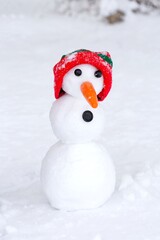 Snowman Dressed with red scarf and hat in the snow outside under the snow