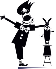 Funny trick. Circus, clown, rabbit illustration. Cartoon clown takes out a rabbit from the top hat by the ears isolated black on white
