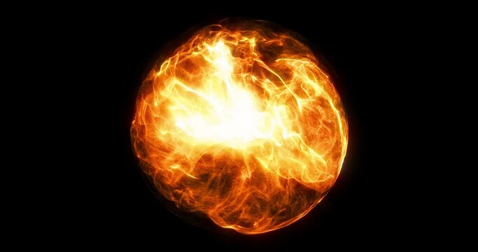 Burning 3D fireball orb effect on black background. swirling flames and plasma within sphere. Magical or Mystical visual special effect. 3D render. 4K loop.